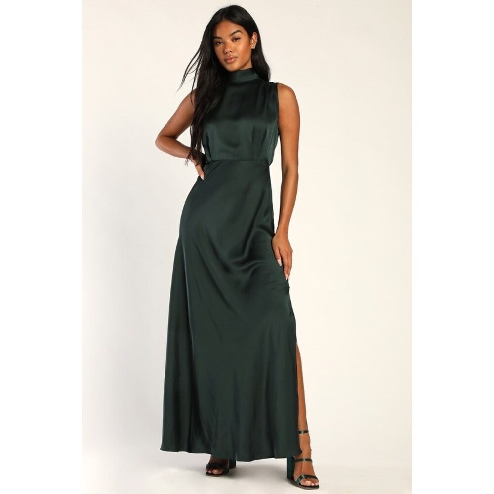 Lulus Classic Elegance Green Satin Sleeveless Mock Neck Maxi Dress - Size S